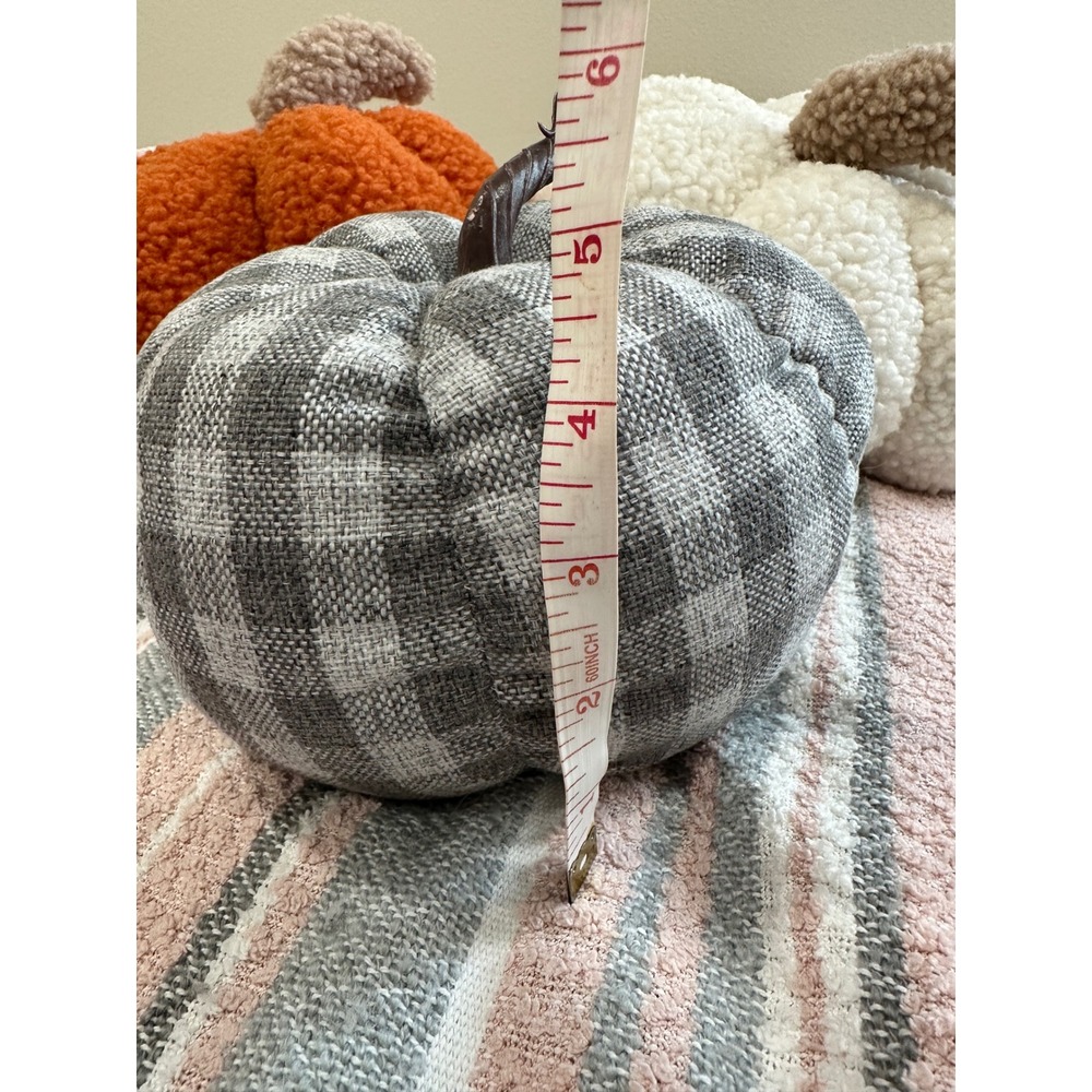 Set of 3 Decorative Pumpkins Sherpa and Plaid Fall Autumn Decor Orange Gray - Picture 6 of 8